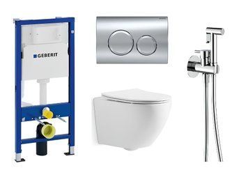 Комплект инсталляции Geberit Duofix с клавишей смыва DELTA20 Хром и подвесного унитаза Devit Universal с крышкой Soft Close с гигиеническим душем Devit (458.103.00.1/115.127.21.1/3020162) 458.103.00.1/115.127.21.1/3020162/CV17011010 фото