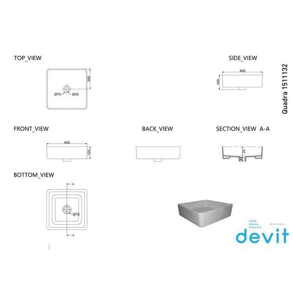 Умывальник Devit QUADRA на столешницу 40х40, черный матовый (1511132B) 1511132B фото