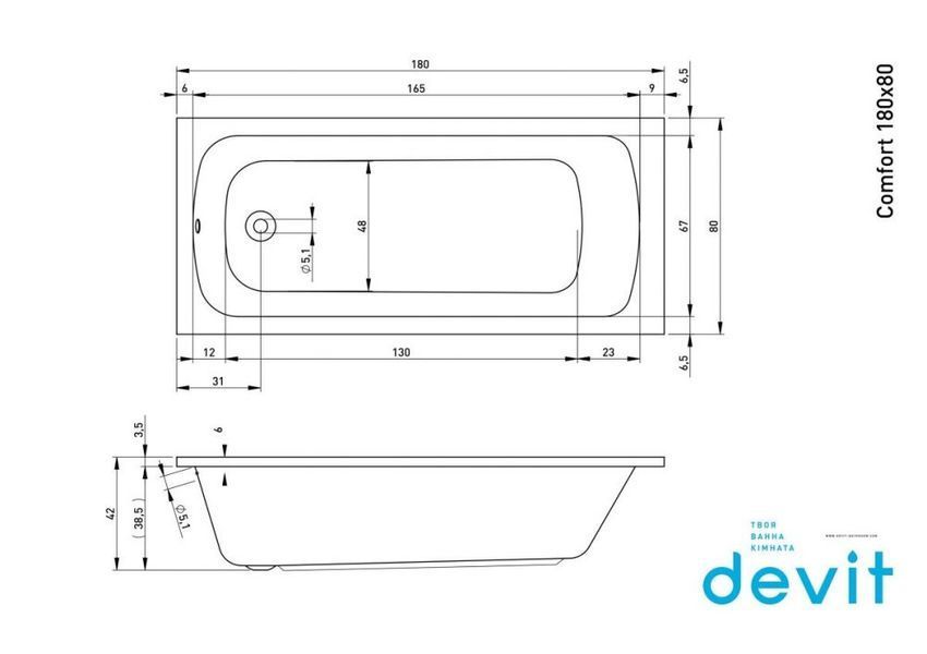 Ванна акриловая Devit COMFORT 180х80 с ножками (18080123) 18080123 фото